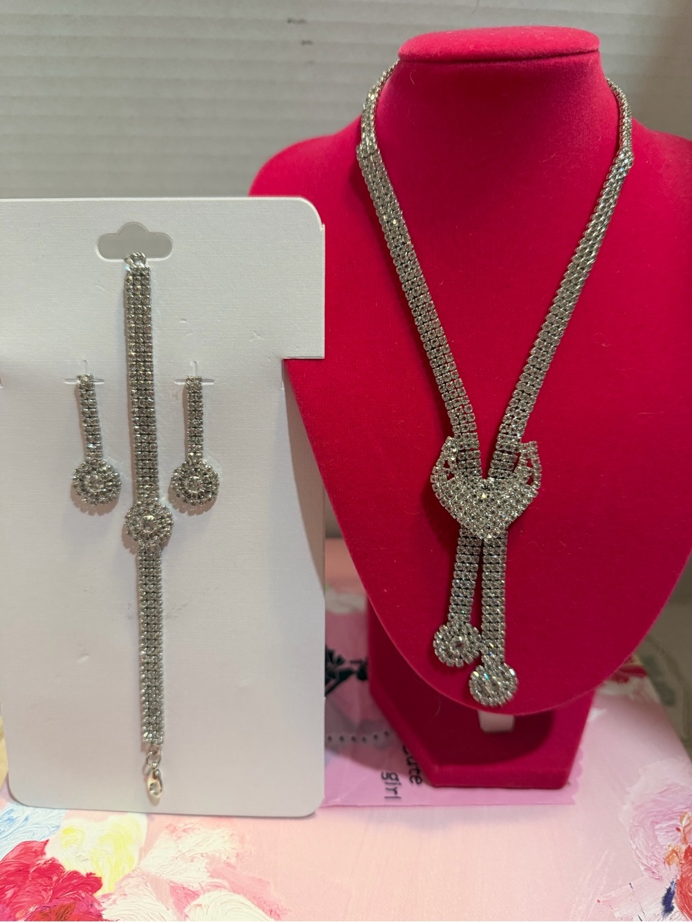 Rhinestone Silver Knot Pendant Necklace & Earrings Set